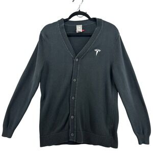 Tesla Mens V Neck Button Cardigan Sweater Black Embroidered Logo Size SM